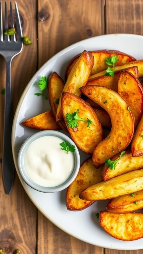 Crispy garlic herb potato wedges garnished with parsley on a wooden table with dipping sauce.